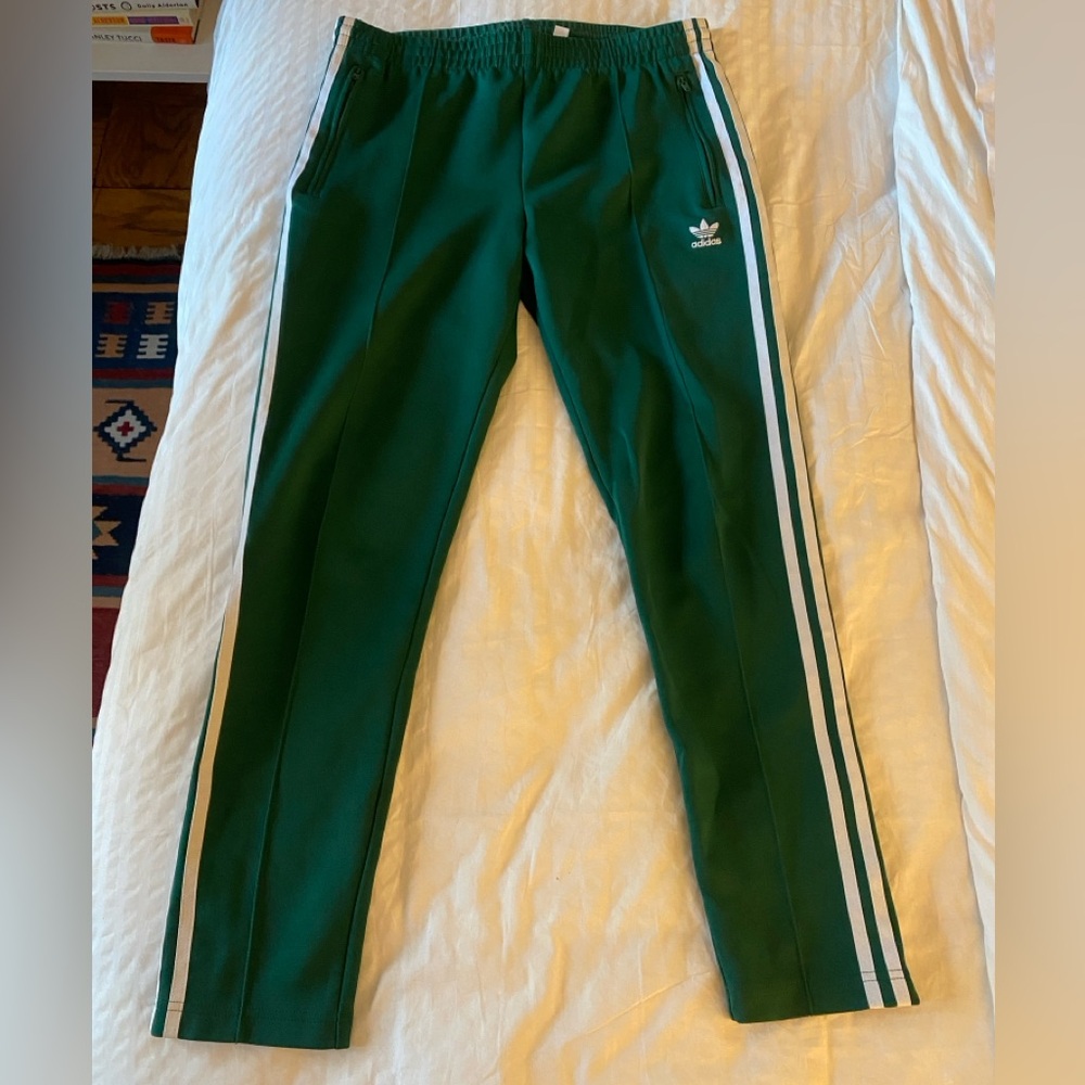 Adidas Green and White Track Pants with Signature Stripes
